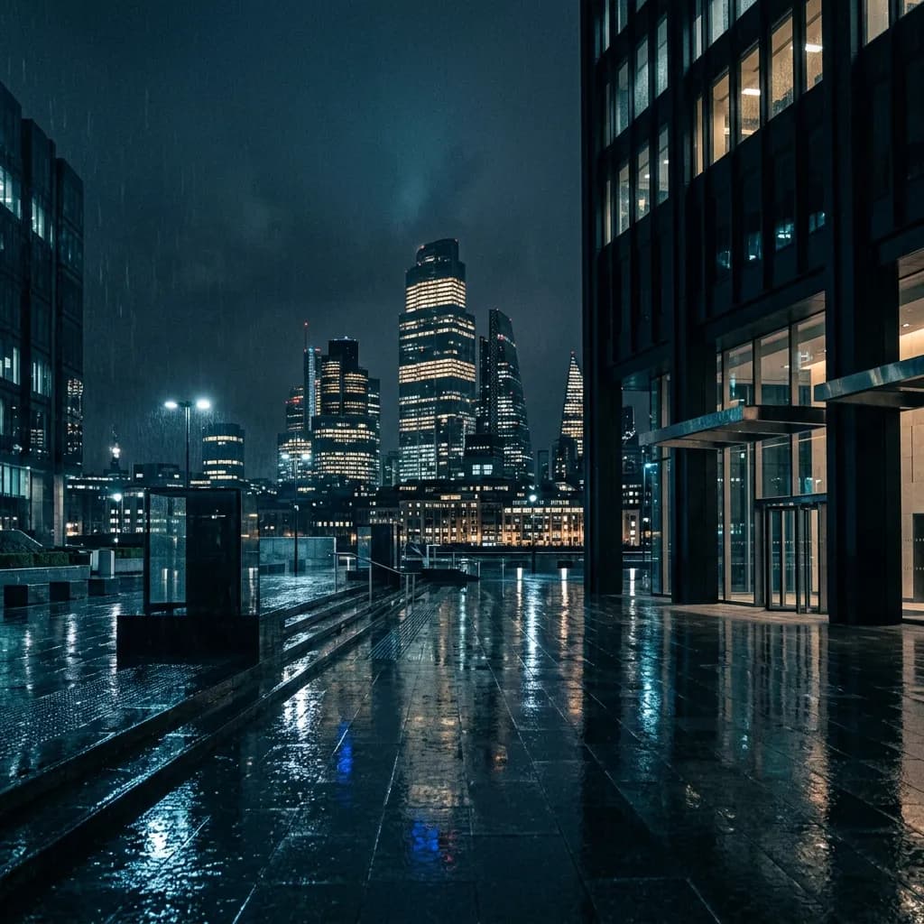 London commercial district at night with rain-slicked streets