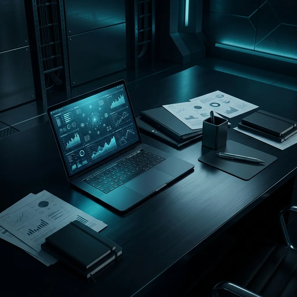 Corporate documents and laptop on a dark desk